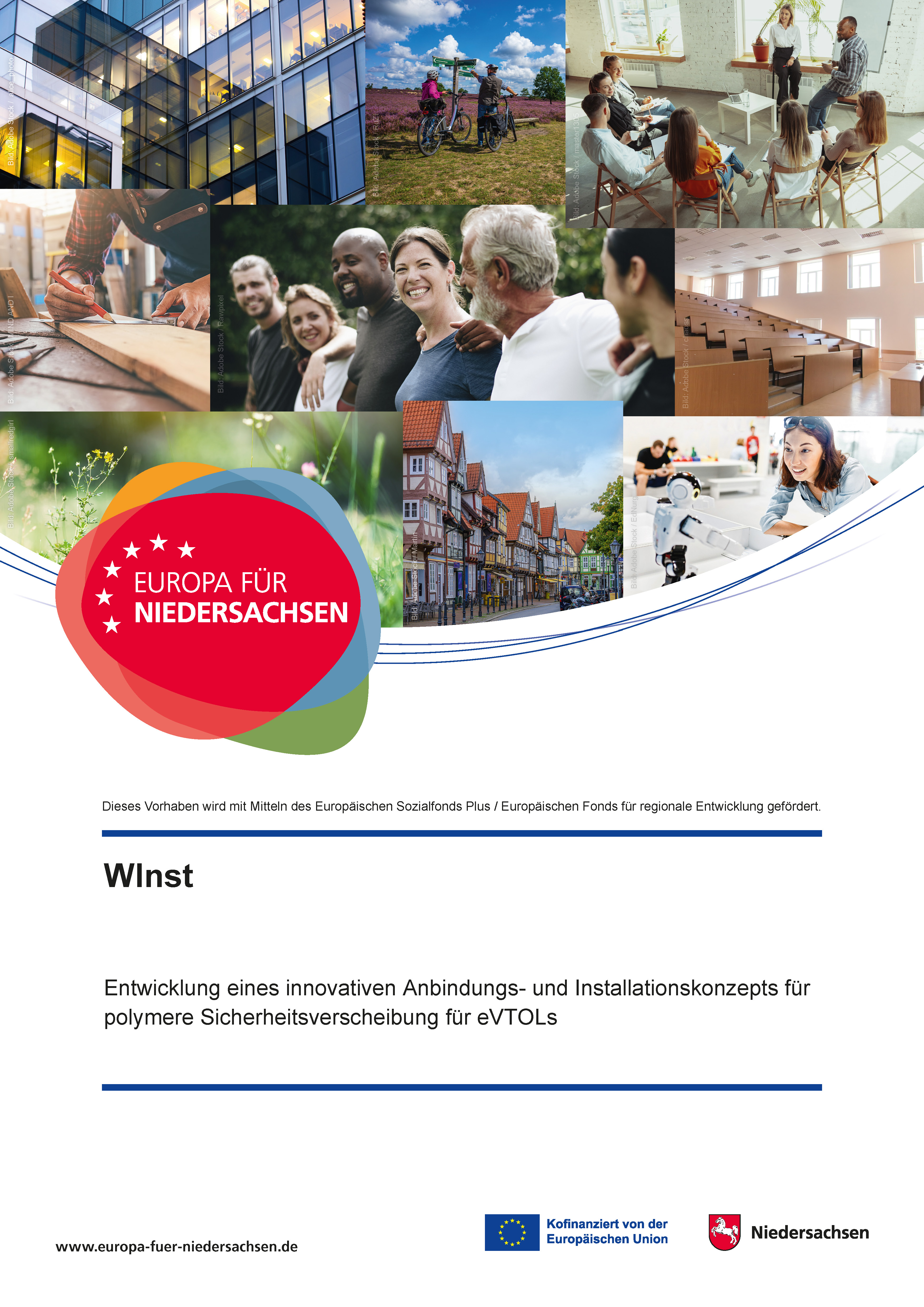 Plakat von der EU F&ouml;rderung mit verschiedenen Menschen und Siegeln der EU.